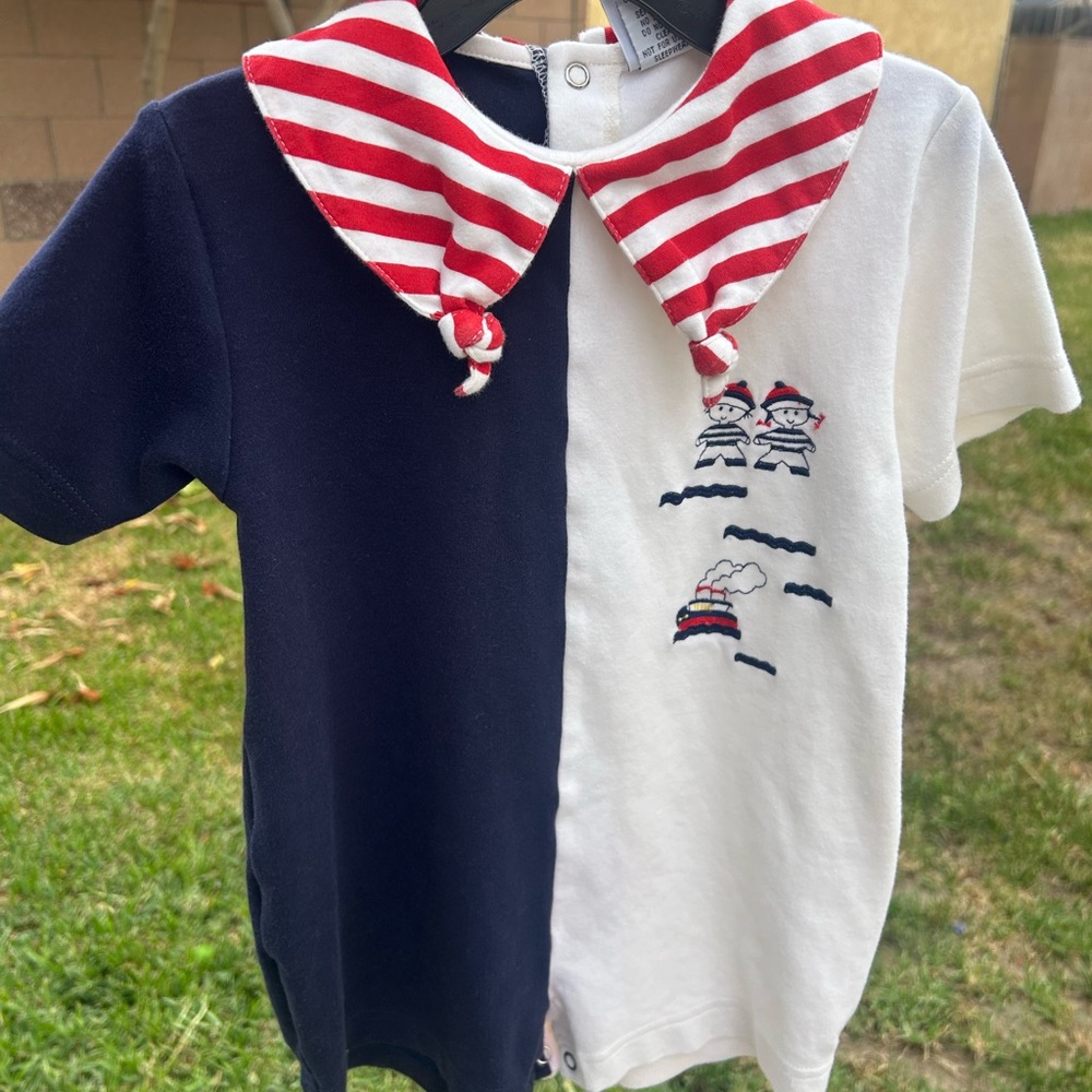 VTG Nautical Two-Tone Baby Romper with Striped Sailor Collar